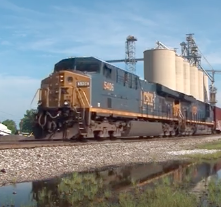 Blue and yellow locomotives lead a freight train.