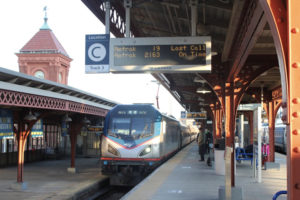 Electric Amtrak train in station