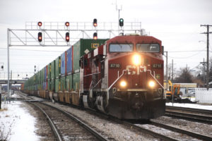 Container train under overhead signals