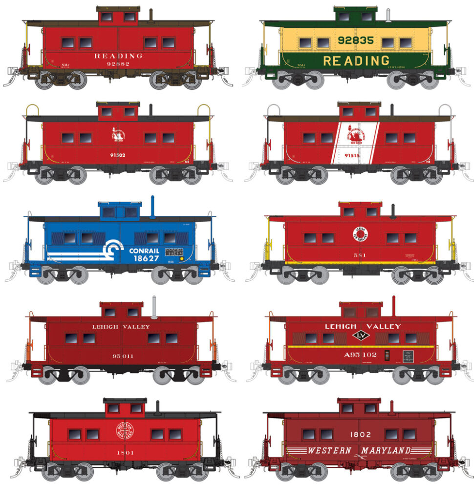 Ten cabooses in different color schemes