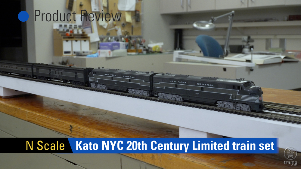 Two-tone gray New York Central N scale passenger locomotives on white test track