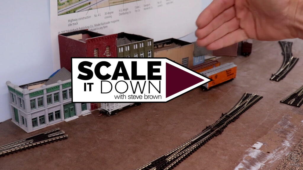 Scale It Down logo over image of unfinished benchwork and track work.