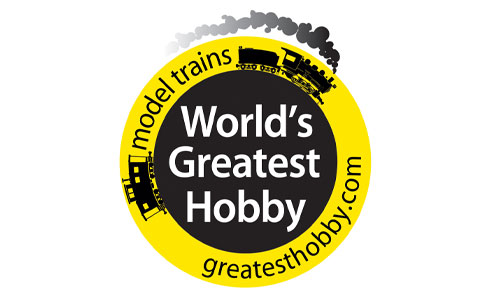 Yellow-black World's Greatest Hobby logo featuring an illustrated steam locomotive and caboose.