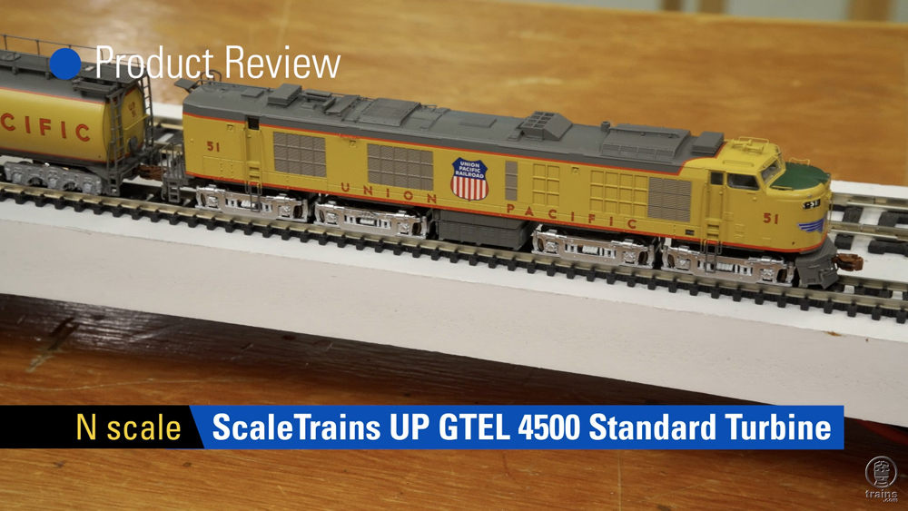 N scale Union Pacific standard gas-turbine-electric locomotive on test track.