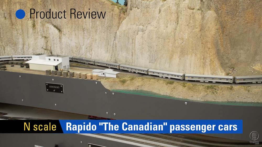 N scale Rapido Canadian passenger train snakes along rocky cliffs of Canadian Canyons project layout