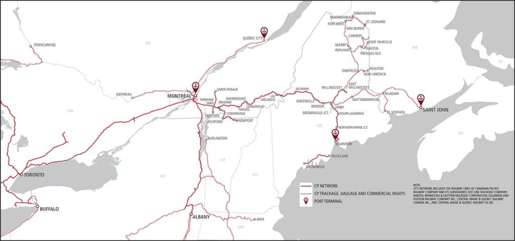 Railroad map of northern New England and eastern Canada