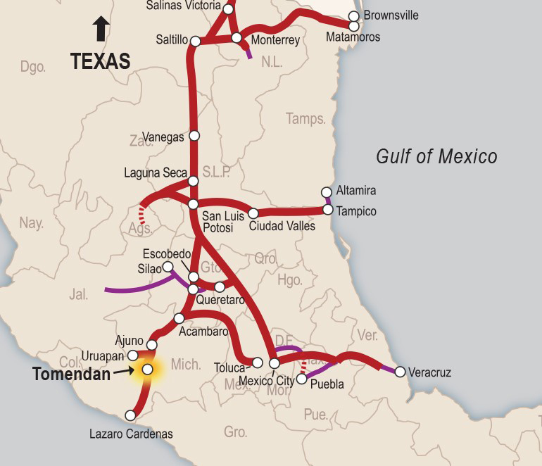 Map of KCS lines in Mexico highlighting site of protests