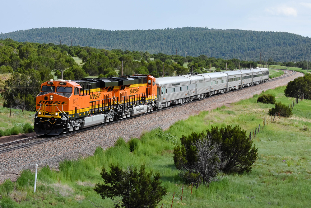 Passenger train led by two black and orange locomotives