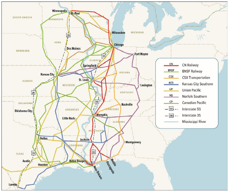 Map showing north-south freight routes in central U.S.