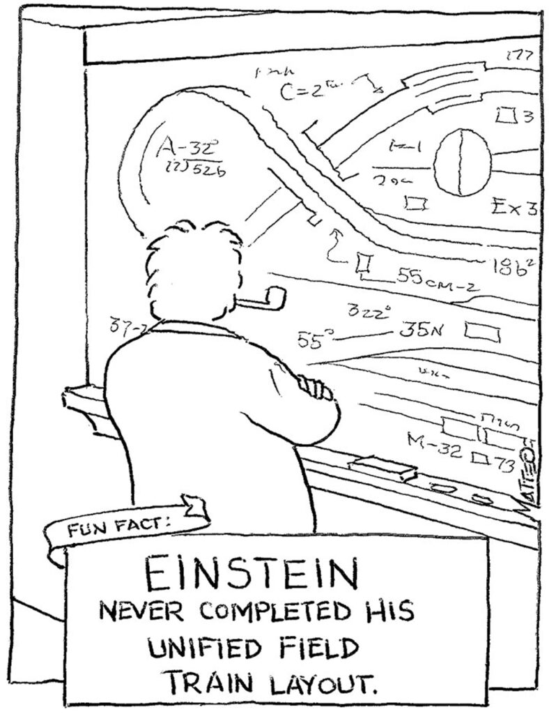 A man with shaggy hair, back to us, contemplates a blackboard filled with track diagrams and equations.