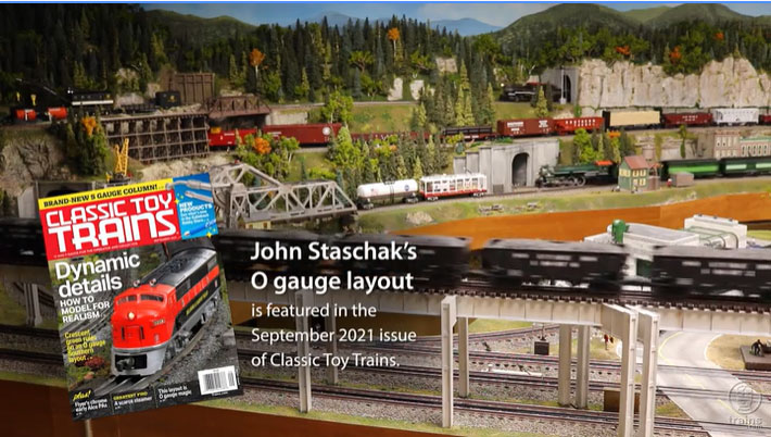 Overview of John Staschak's toy train layout with superimposed cover of September 2021 Classic Toy Trains