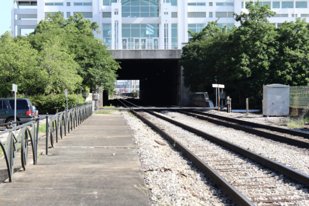 Station platform, with tracks running under building