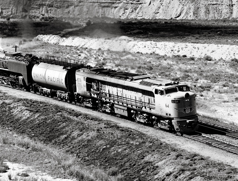 Overhead black-and-white photo of Union Pacific single-unit gas-turbine electric locomotive.
