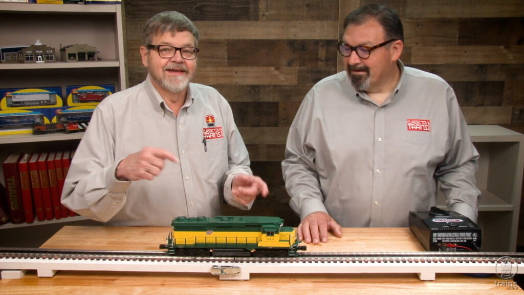 Bob Keller and Hal Miller in studio with a Lionel GP30 for taping of Bob's Train Box.