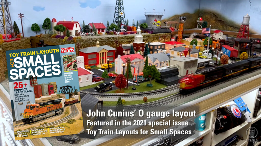 John Cunius' O gauge layout and the cover of Toy Train Layouts for Small Spaces.