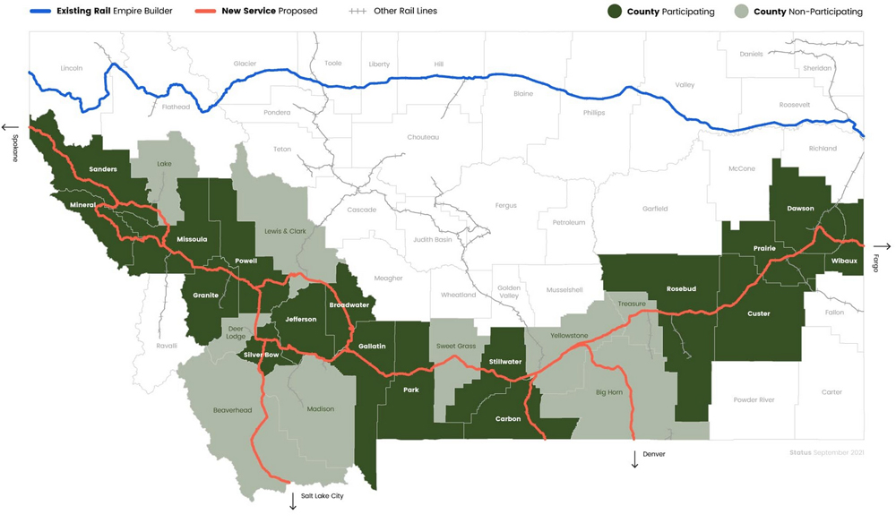 Map showing possible Southern Montana passenger rail route