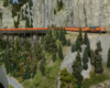 A maroon-and-orange passenger train behind an electric locomotive snakes along a rocky slope