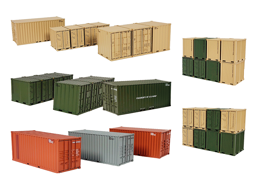 Various colored US Army containers