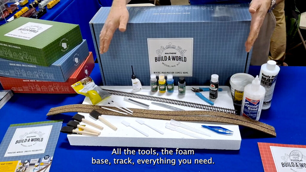 A box kit of a layout containing paint, track and other modeling products.