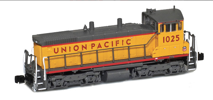 Yellow and gray end-cab switcher lettered for Union Pacific.