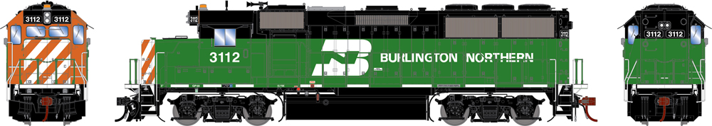 Artwork of HO scale locomotive painted green and black with orange and white nose stripes.