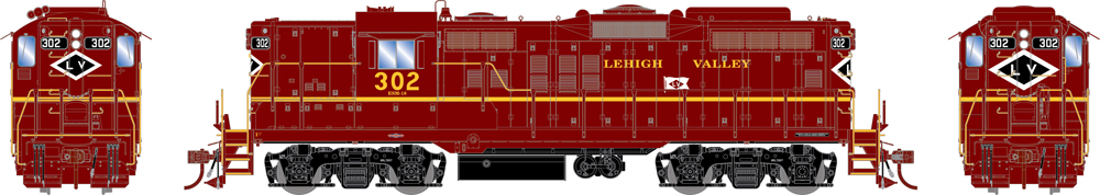 Illustration of HO EMD GP18 painted in Lehigh Valley 1964 as-delivered Tuscan Red scheme.