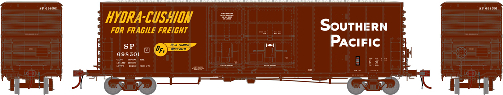 Illustration of 50-foot boxcar painted brown with white and yellow lettering.