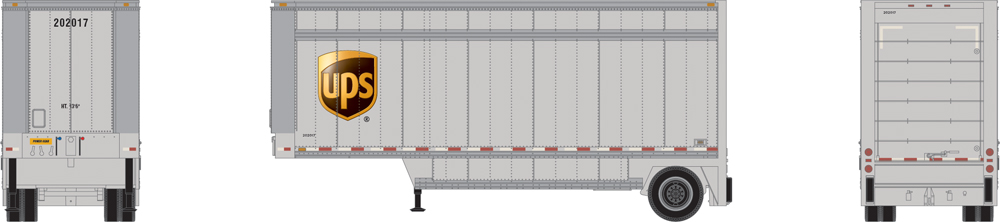 Illustration with side and end views of 28-foot drop-sill trailer painted gray with UPS logo.