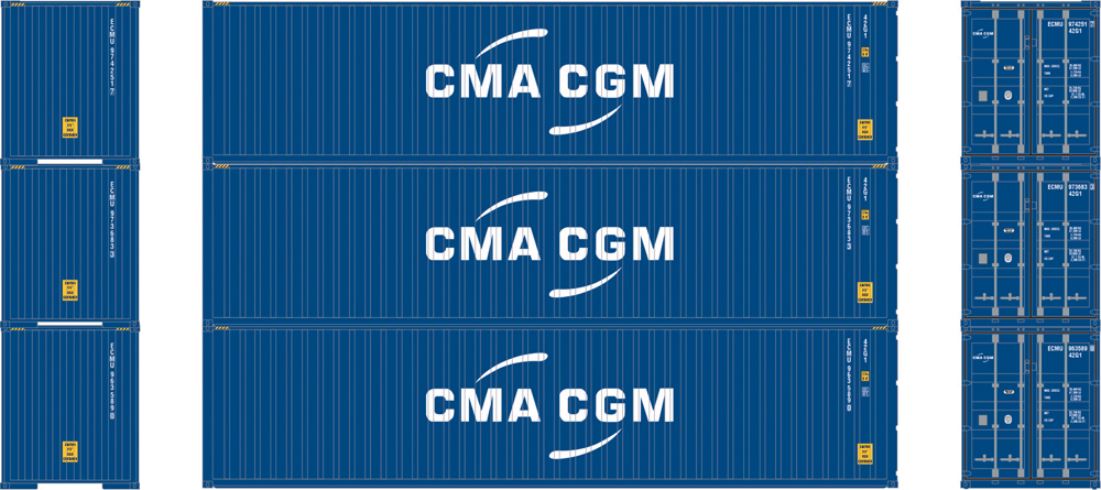 Illustration shows side and end views of three stacked 40-foot intermodal containers painted blue with white graphics.