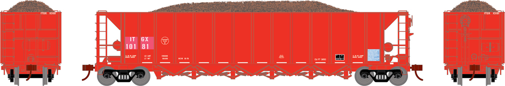 Illustration showing side and end views of HO scale five-bay hopper in red paint with sugar beet load.