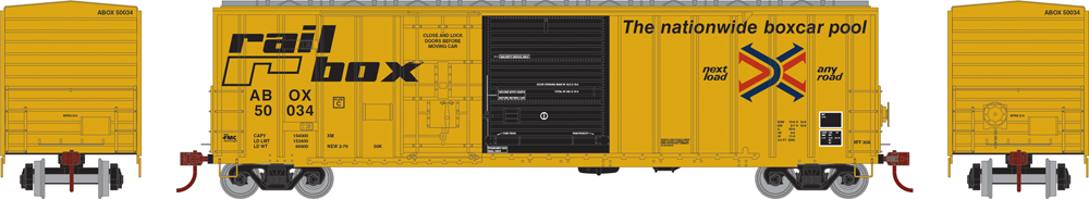 Illustration showing side and end views of HO scale boxcar in yellow and black paint with silver roof.