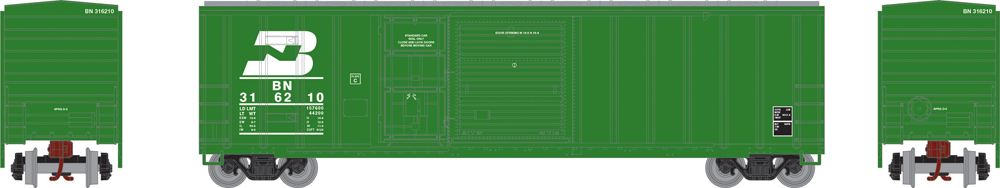 Illustration of green 50-foot combination-door boxcar with Burlington Northern herald.