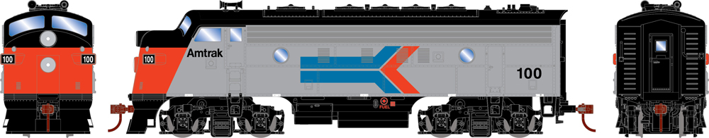 Illustration of Electro-Motive Division F7A painted silver, black, red, and blue.