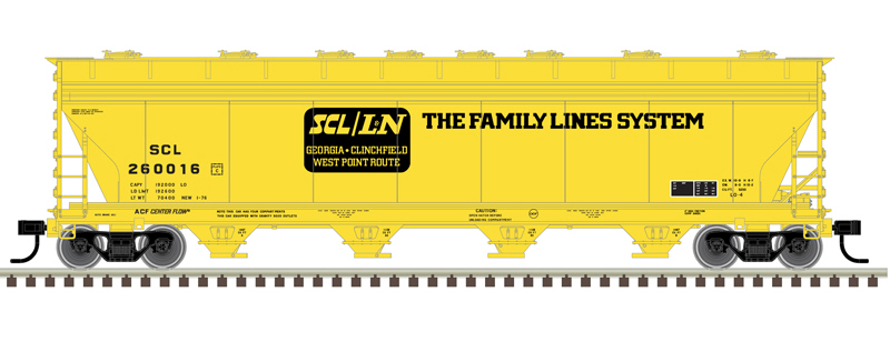 Illustration of HO scale ACF 5250 four-bay Center Flow covered hopper painted yellow with black graphics.