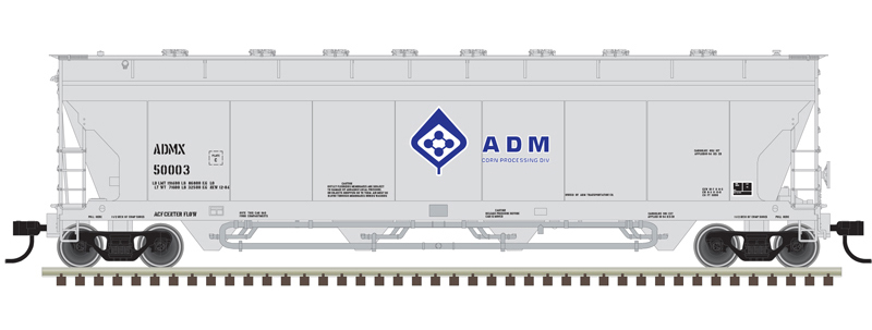Illustration of N scale American Car & Foundry Pressureaide covered hopper painted gray with blue, white, and black graphics.