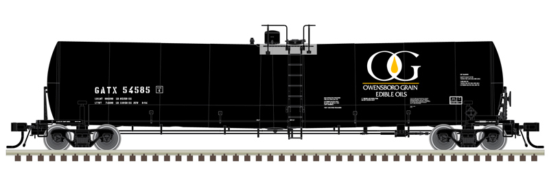 Illustration of N scale Trinity 25,500-gallon tank car painted black with white and yellow graphics.