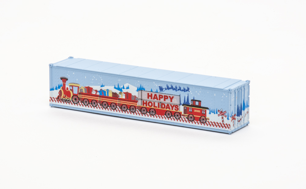 Photo of N scale 40-foot intermodal container with Christmas-themed illustration.