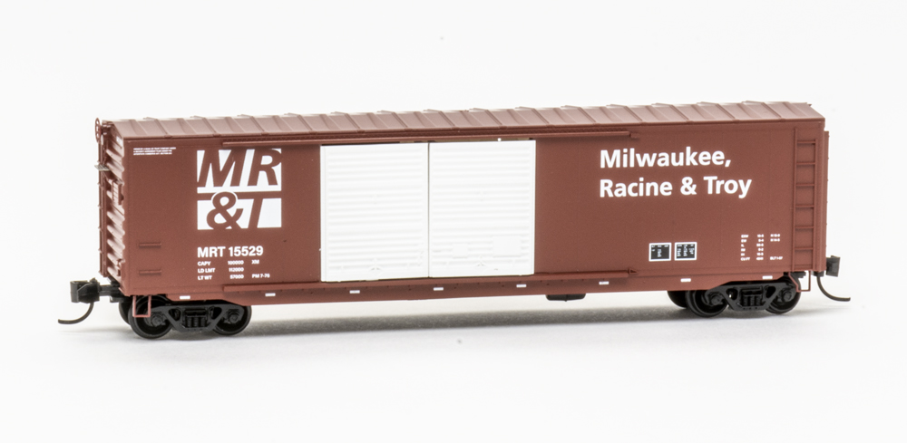 Photo of N scale 50-foot double-door boxcar painted brown with white doors and graphics on white background.
