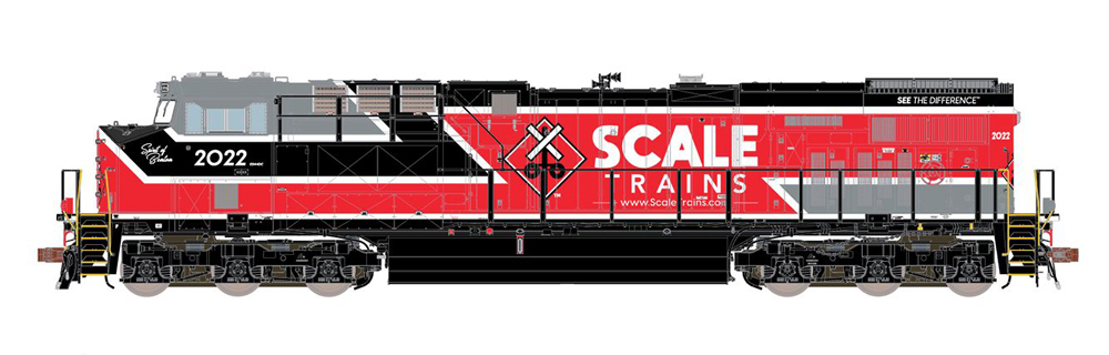 Illustration with front, side, and rear views of HO scale GE ES44AC painted red, black, and gray with white stripes.