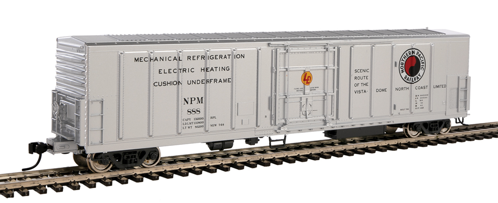 Photo of HO scale 57-foot mechanical refrigerator car painted silver on section of nickel-silver rail.