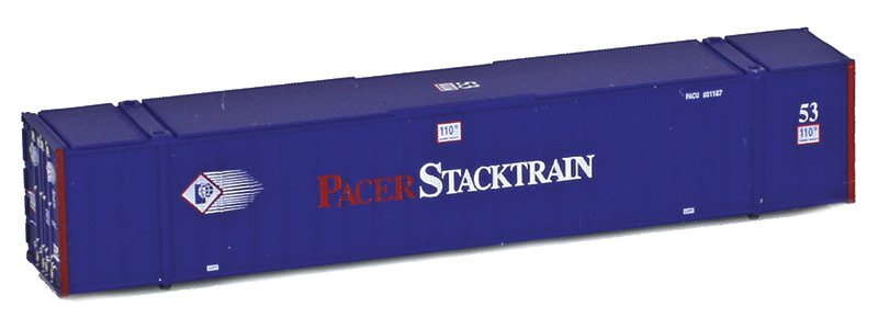 Photo of Z scale 53-foot intermodal container painted dark blue with red, white, and blue graphics.