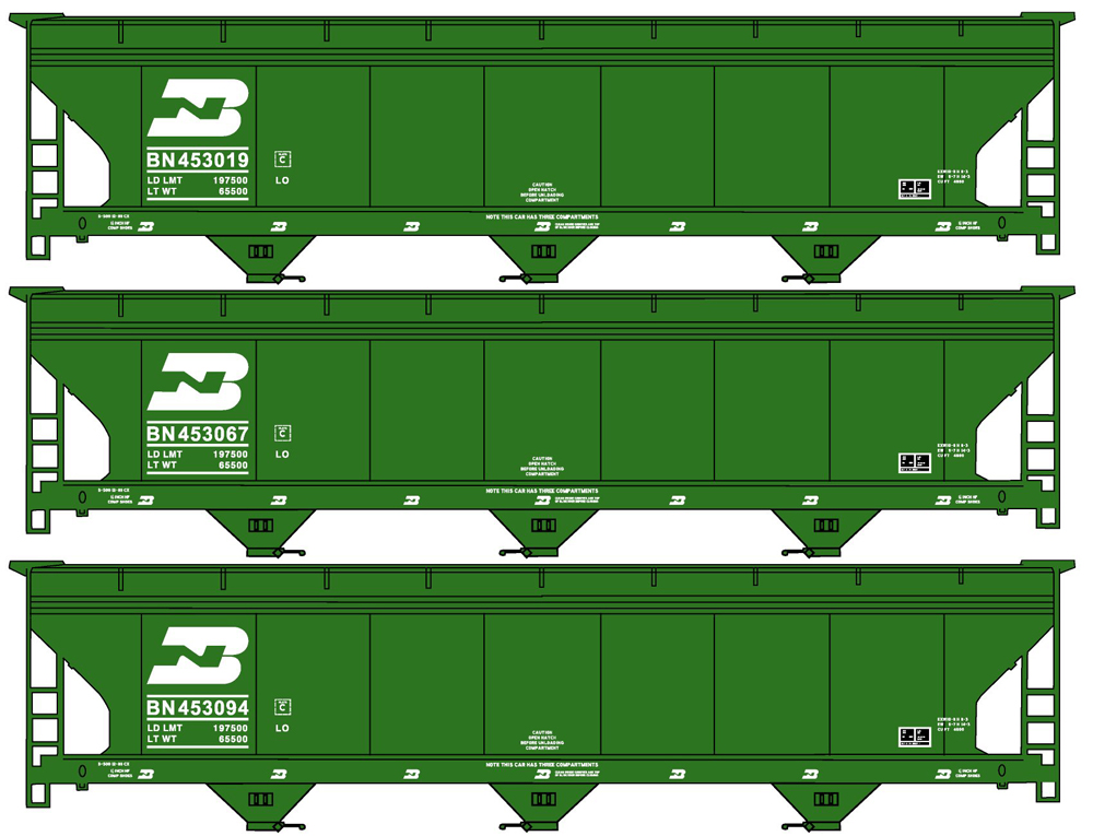 Illustration showing three HO scale American Car & Foundry three-bay Center Flow covered hoppers without trucks and couplers painted green with white and black graphics.