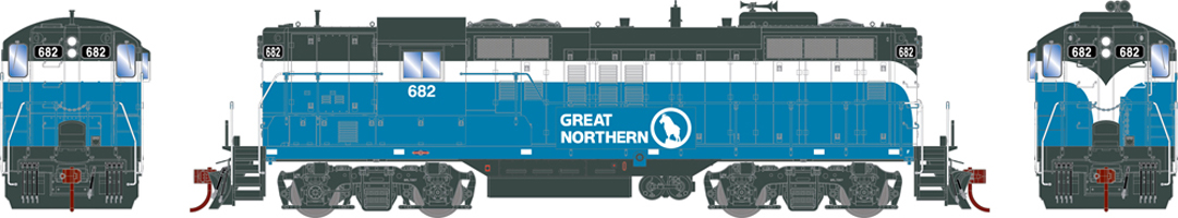 Illustration showing nose, side, and back of HO scale EMD GP9 painted blue, white, and gray with white graphics.