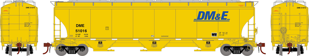 Illustration with side and end views of Trinity 5161 three-bay covered hopper painted yellow with black, blue, and white graphics.
