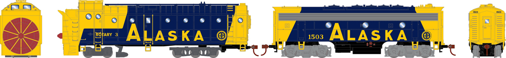 Illustration showing front and side of HO scale rotary snowplow and side and rear of HO scale EMD F7B in blue and yellow paint with yellow graphics.