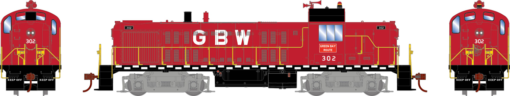 Illustration with side and end views of HO scale Alco RS-3 painted red and black with white graphics.