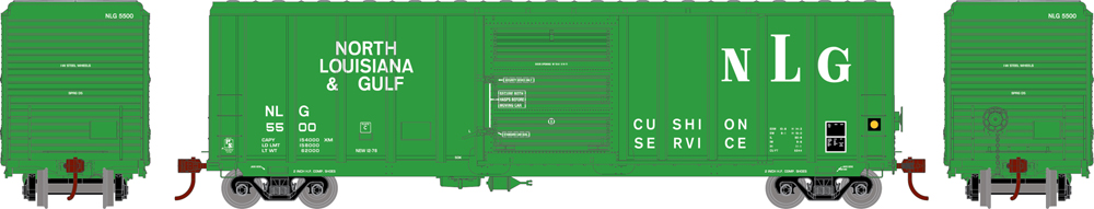 : Illustration showing side and end views of HO scale Pullman-Standard 5344 boxcar painted green with white graphics.