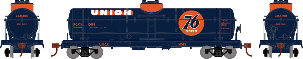 Illustration showing side and ends of HO scale single-dome tank car painted blue and orange with white, blue, and orange graphics.