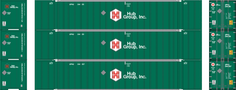 Illustration showing side and end views of three Stoughton 53-foot intermodal containers painted green with red and white graphics.