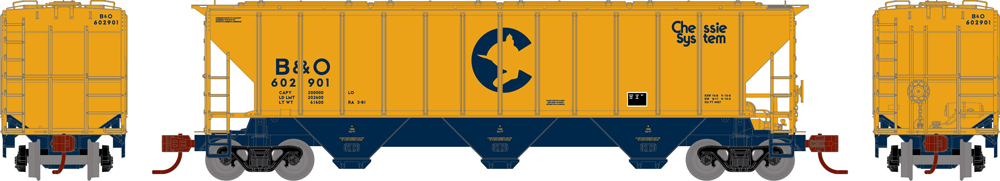 Illustration showing side, A end, and B end views of N scale Pullman-Standard 4427 high-side covered hopper painted blue and yellow with blue, black, and white graphics.